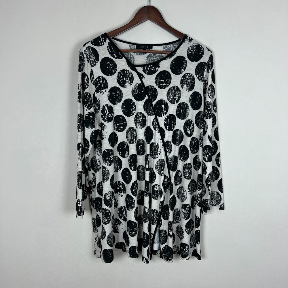 Comfy USA Tunic Top Womens XL Black Beige Polka Dot Circle Print Artsy Slit